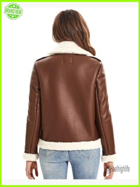 Faux Fur Lined Leather Moto Jacket Women's Winter Coat Sherpa Lined - Picture 4 of 7